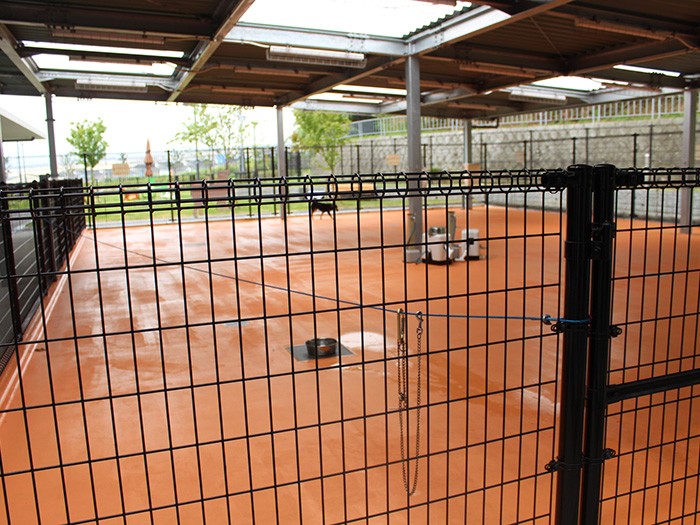 屋根付き運動場、雨の日でも散歩できる