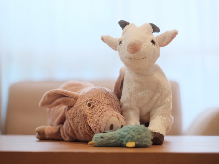 奥左から「ブタのぶぅさん」「ヤギのゆきちゃん」、手前は「オトンさんの青い鳥」