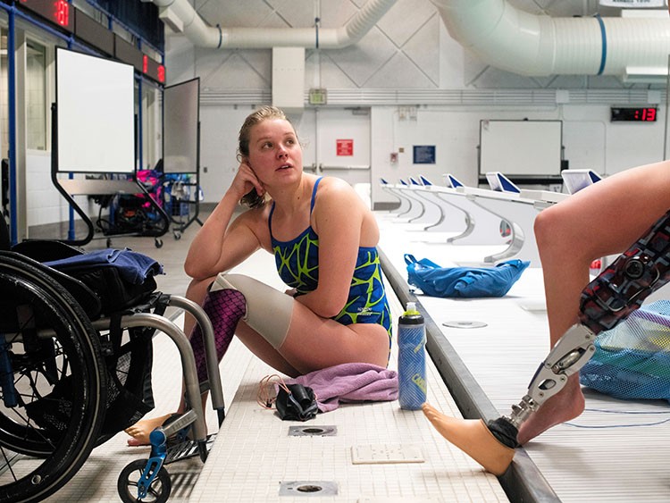 FILE -- Morgan Stickney at the United States Olympic and Paralympic Training Center in Colorado Springs, Colo., on Feb. 11, 2019. She set remarkable times in the 100- and 400-meter freestyle months after a below-the-knee amputation of her left leg. (Rachel Woolf/The New York Times)