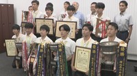 全国高校総体で優勝 岡山操山高校山岳部と井原高校新体操部が県教育長に報告