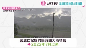 宮城県に記録的短時間大雨情報 大崎市西部付近で1時間に約100ミリの猛烈な雨