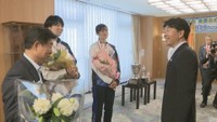 黒鷲旗で初優勝の岡山シーガルズ 今季で引退の川島キャプテン、宮下副キャプテンらが知事に報告