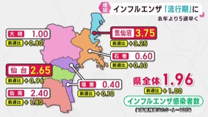 インフルエンザ 宮城県で流行シーズン入り 1医療機関の感染者1.96人