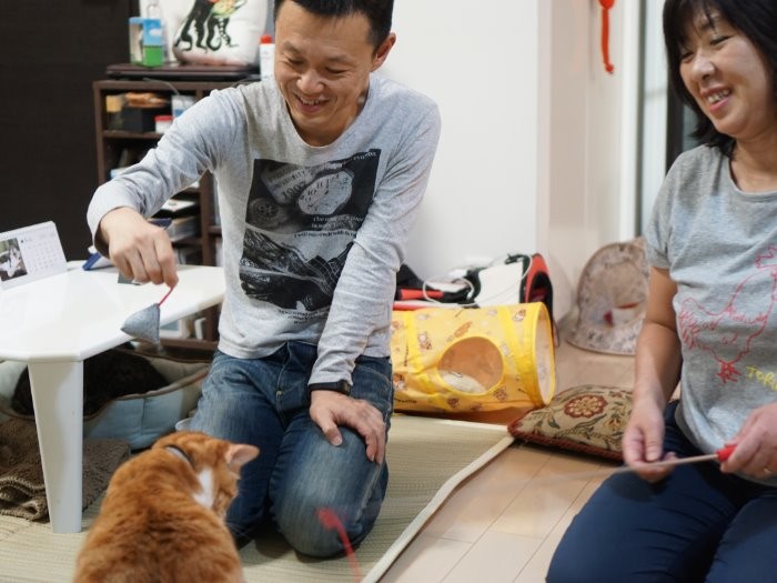 ぽん太と遊んで笑顔が溢れる夫妻