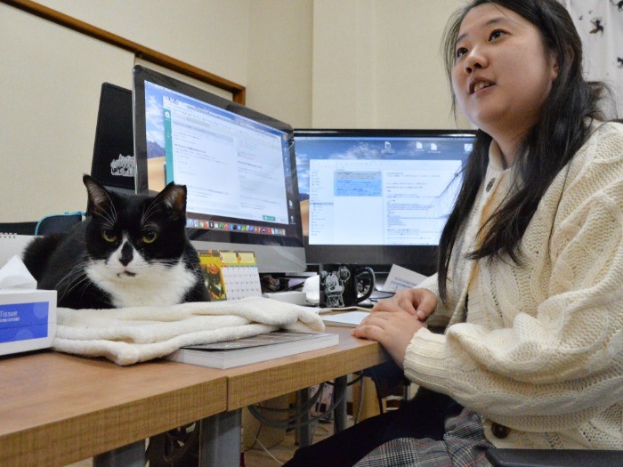 昨年6歳で保護猫カフェから迎えたチャコと、入社3年目の大塚彩也香さん「側にいてくれて嬉しい」