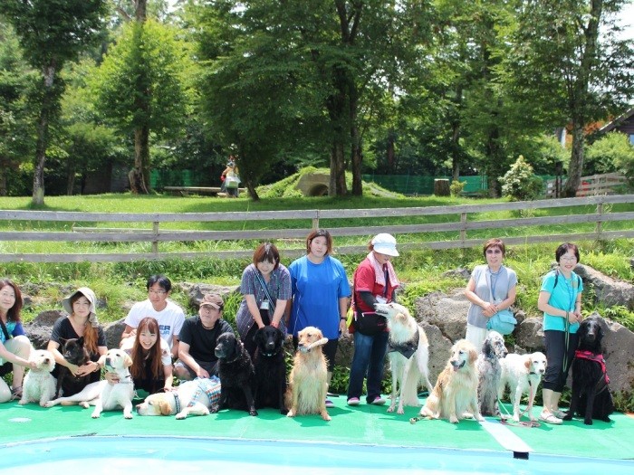 15歳5カ月(右から2匹目) 地元のドッグラン仲間と山中湖Woofへ(長谷川さん提供)