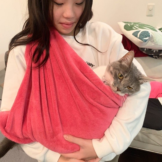 スリングのようにしてグリを赤ちゃん抱っこする一華ちゃん「大きくなったね」(優香さん提供)