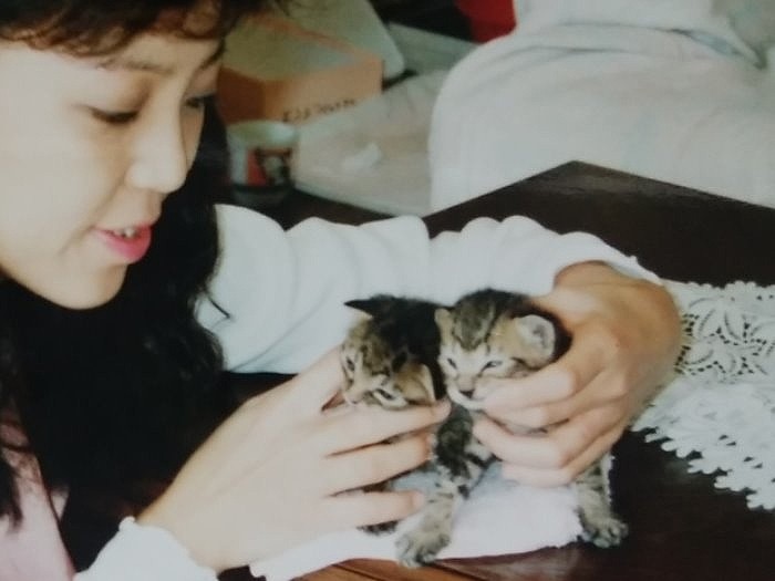 保護して間もないバンディとミューと、郁子さん (1992年秋)