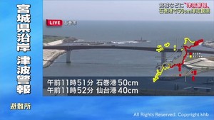 【津波警報】宮城県では石巻港50センチ仙台港40センチの津波を観測