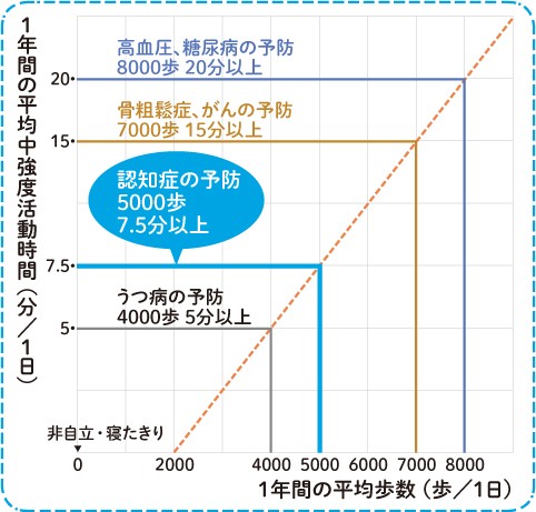 歩数と時間で見る病気の予防ラインは、「1年の1日平均の身体活動からわかる予防基準」をグラフ化したものです。歩数と、そのうち速歩きをした時間と、病気の予防ラインとを示しています。認知症の予防には、1年間の平均が1日あたり5000歩、1年間の平均中強度活動時間(速歩きの時間)が1日あたり7.5分以上です。 出典:青栁幸利「あらゆる病気は歩くだけで治る!」(SBクリエイティブ)