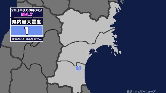 【地震】宮城県内で震度1 栃木県北部を震源とする最大震度4の地震が発生 津波の心配なし