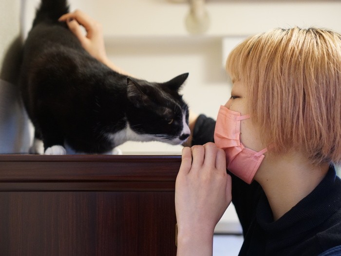 「ただいま」。母とみーちゃんの写真を飾ったお仏壇に乗るくーちゃんに声をかける真由子さん