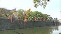 丸亀城を元気に泳ぐこいのぼり 市職員や子どもらが取り付け 香川