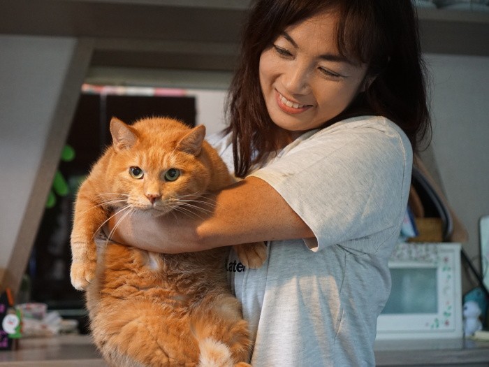 トラを抱く岡田さん「太るとその先が心配。自分のごはんだけ食べてね」