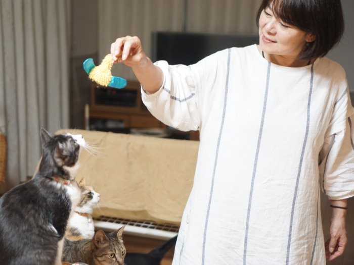 猫と遊ぶ千春さん