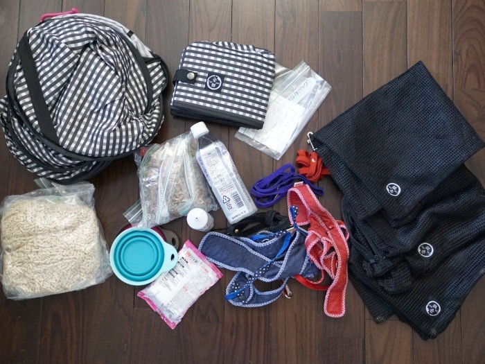 災害時の備えの一部。避難に備えて3匹と1人分の防災グッズをカバンに詰めてある