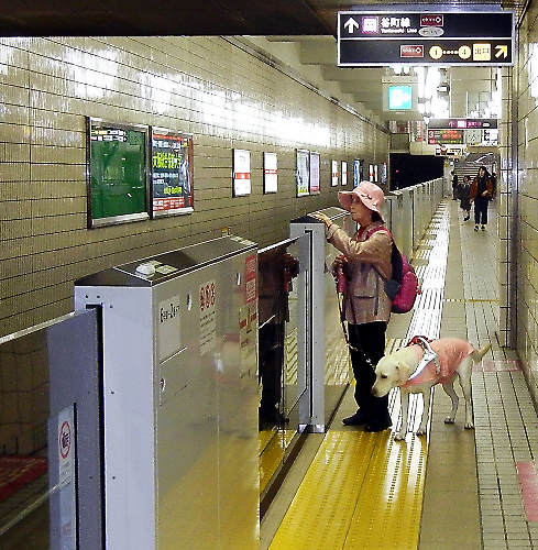 大阪市営地下鉄御堂筋線・天王寺駅のホームドア上部の点字に触れ、車両とドアの番号を確認する山本美恵子さん=2016年11月