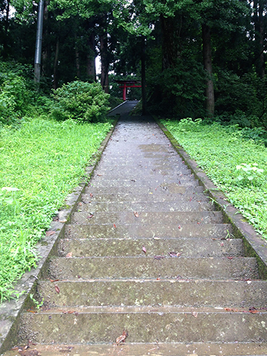 石の鳥居をくぐると長い石段が続く