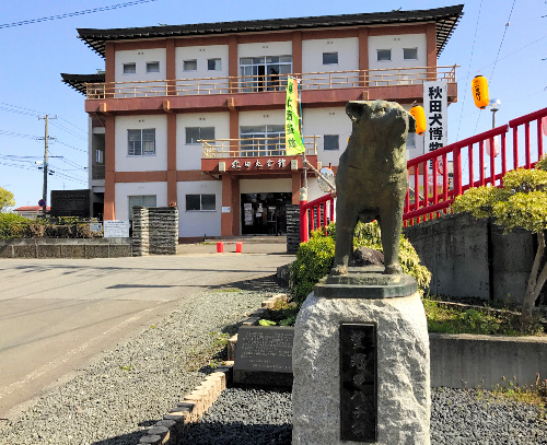 「望郷のハチ公」像と秋田犬会館。大館市はハチ公の故郷でもある=秋田県大館市