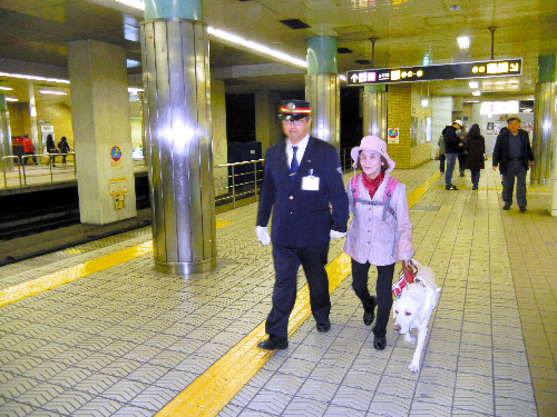 大阪市営地下鉄中央線・谷町四丁目駅のホームを駅係員と歩く山本美恵子さんと盲導犬のフェリシア=2016年11月