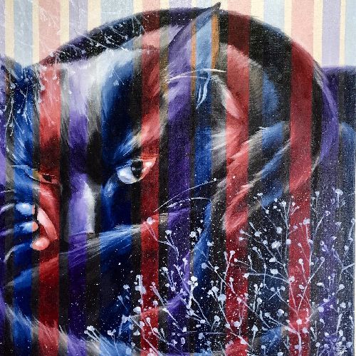 愛さんがジジをモデルに描いた「シマシマ画」は縦縞が特徴的な絵