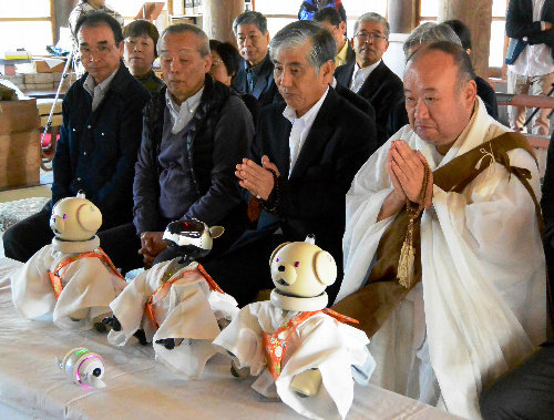 3回目のアイボ葬では、法衣(ほう・え)をまとった3体が仲間を供養した=2015年11月、千葉県いすみ市の光福寺