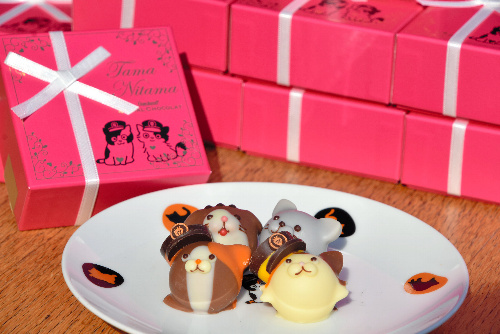 「たま名誉永久駅長」(左下)と「たまⅡ世駅長」の「ニタマ」(右下)をモチーフにしたチョコレート