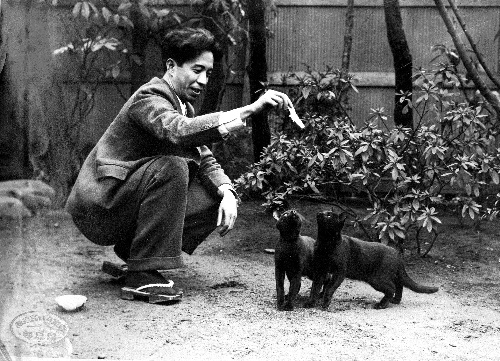 庭で黒猫2匹と遊ぶ大佛次郎=大佛次郎記念館提供