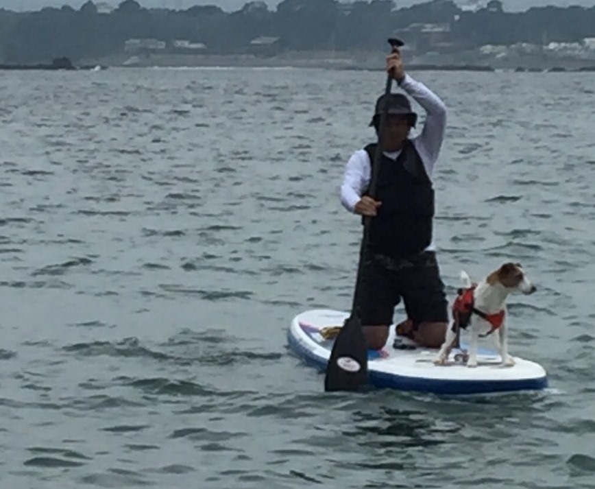 SUP(ボードをパドルで漕ぐ)を楽しむ皆川さんとマイト