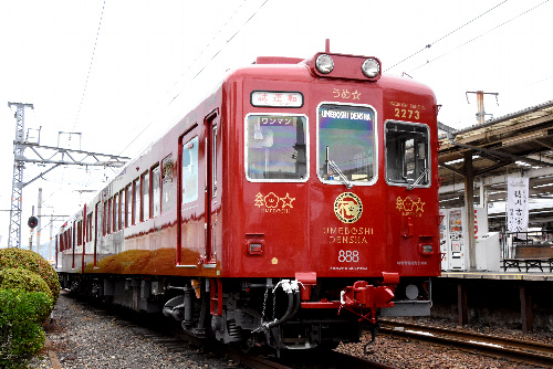 お披露目されたうめ星電車=和歌山市の和歌山電鉄和歌山駅