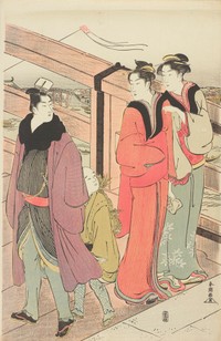 勝川春潮「橋上の行会」※太田記念美術館提供