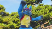 ラジオ体操に参加したポケモン「ルカリオ」（栗林公園・午前6時半ごろ）