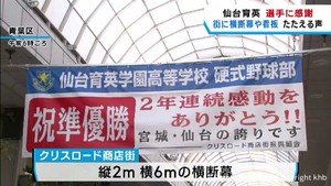 横断幕・看板・ライオン像・お祝いセール　仙台育英の準優勝をたたえる