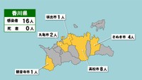 香川県の新型コロナ感染状況　9月10日（「黄」は1～9人の感染者が確認された市）