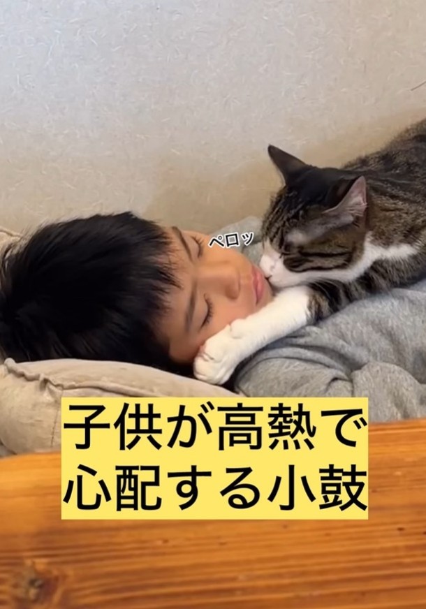 心配そうに息子さんの顔をなめたりして、離れようとしなかった（「小判つる姫あさひ」さん提供、Instagramよりキャプチャ撮影）