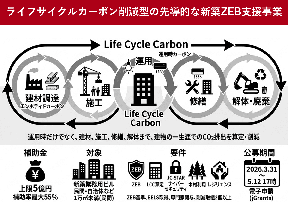 ライフサイクルカーボン削減型の新築ZEB支援事業、補助上限は5億円