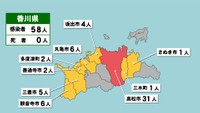 香川県の新型コロナ感染状況　9月2日（「赤」は10人以上、「黄」は1～9人の感染者が確認された市や町）