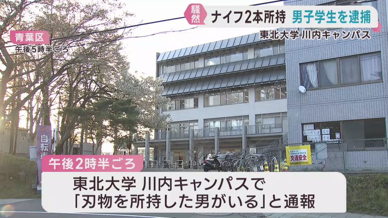 東北大学川内キャンパスでナイフ２本を所持したとして男（１９）を現行犯逮捕