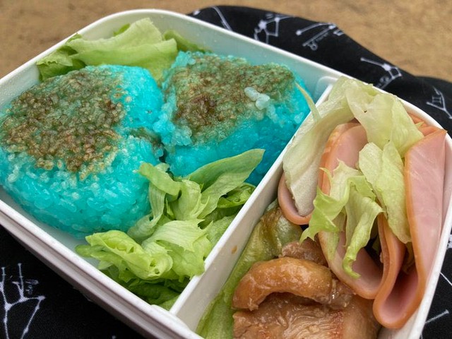 弁当にも青ご飯のおにぎりを ※ジャムさん提供