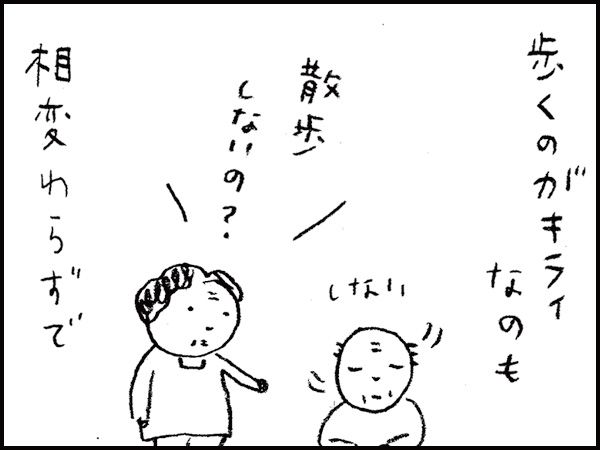 歩くのがキライなのも相変わらずで「散歩しないの？」「しない」