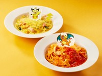 ピカチュウとピチューのかぼちゃづくしクリームパスタ（左）、ピカチュウとリザードンの”かえんほうしゃ”トマトクリームパスタ（右）
