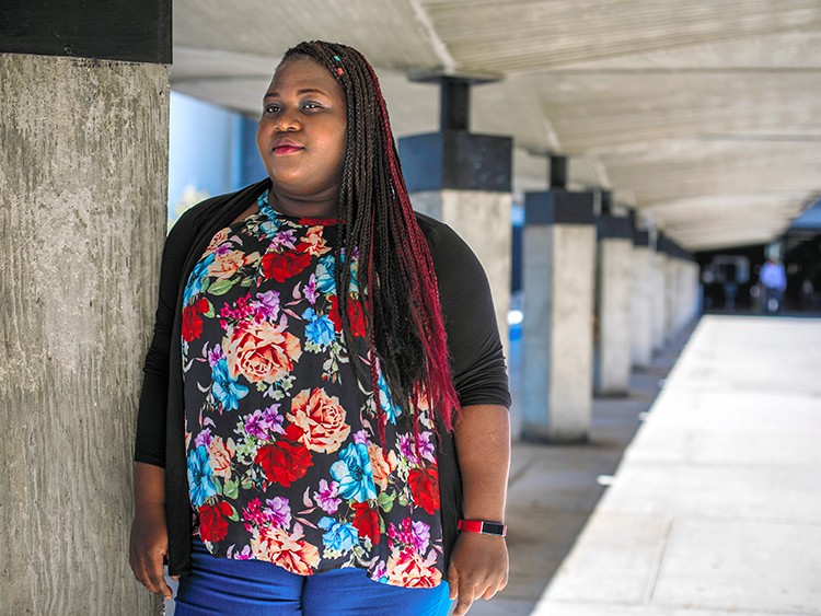 Lorvely Prevert, a native of Haiti, on the campus of Miami Dade College in Miami, May 28, 2019. A community college program, Educate Tomorrow, helps students like Prevert who have faced instability at home study overseas. She got to take a literature course in Britain and visit Windsor Castle. (Scott McIntyre/The New York Times)