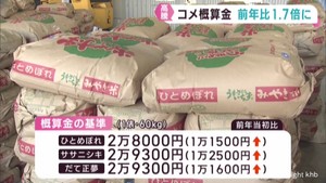 米の概算金が前年比１．７倍と大幅引き上げ　ＪＡ全農みやぎ　生産者の反応は