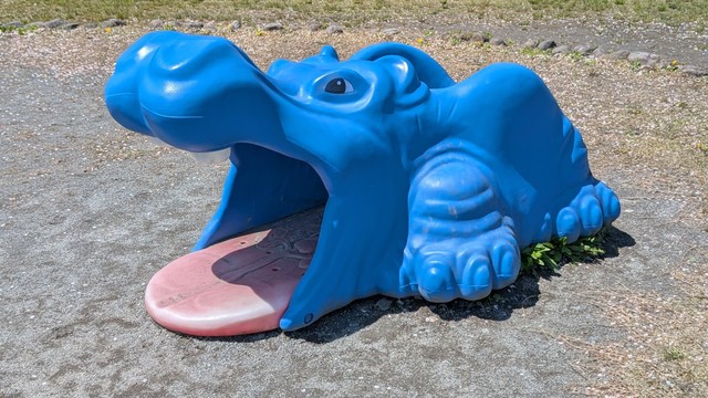 舌に内蔵が刻まれたカバのバラエティ遊具