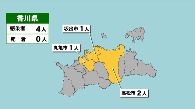 香川県の新型コロナ感染状況　9月24日（「黄」は1～9人の感染者が確認された市）