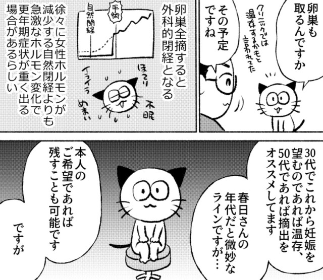 もし卵巣を温存して摘出した子宮に進行したがんがあった場合、もう一度手術することになる（春日サブスカさん提供）