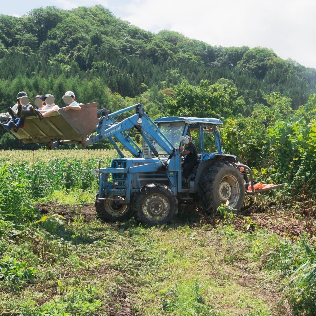 トラクターのローダーに子どもらを乗せた様子（「ポケマルおやこ地方留学」リリースから、一部加工しました）