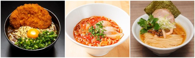 2位の門司港駅「もじこう焼きカレーうどん『勝』」（左）、３位の福間駅「完熟トマトラーメン」（中）、特別賞の中津駅「特製宇佐の神そば」（右）（JR九州提供）
