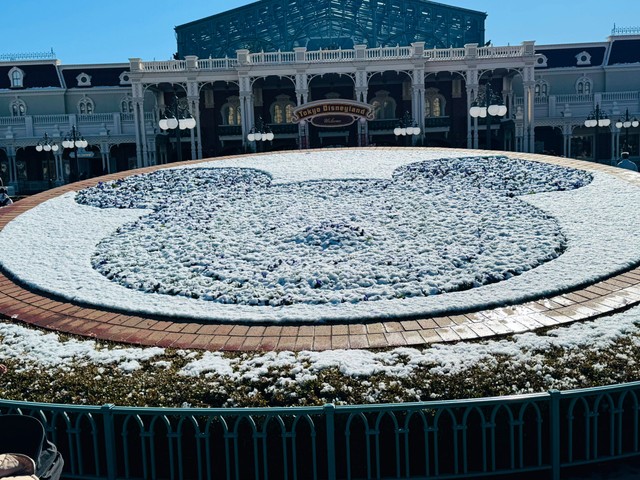 雪のおしろいをまとったミッキー