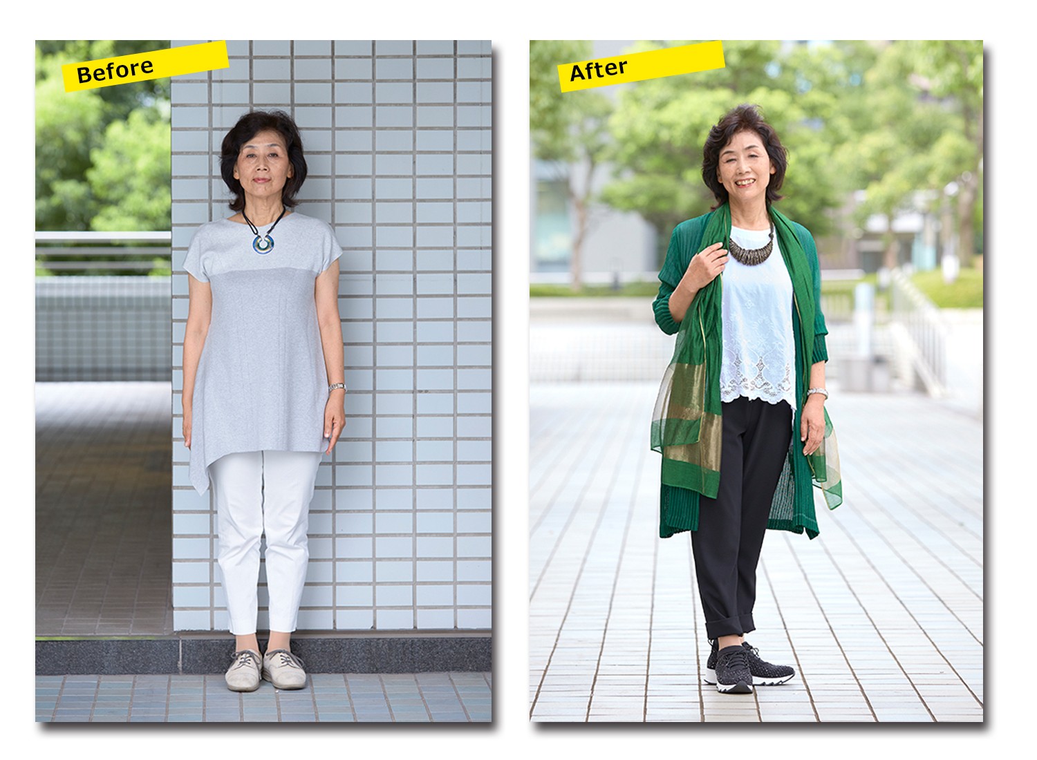 今年の注目色グリーン 同系色を重ねて雰囲気ある大人服に